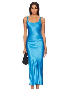 NWT SNDYS Avani Dress Blue Satin Maxi Slip Dress Open Back Spaghetti Strap Sz M